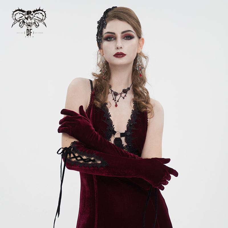 DEVIL FASHION Women's Gothic Lace-up Lace Hem Velvet Gloves Red