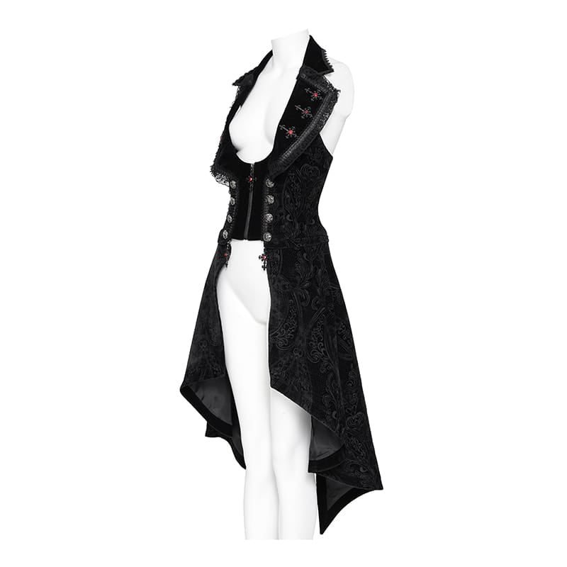 DEVIL FASHION Women's Gothic Lace-up Lapel Jacquard Sleeveless Tailcoat