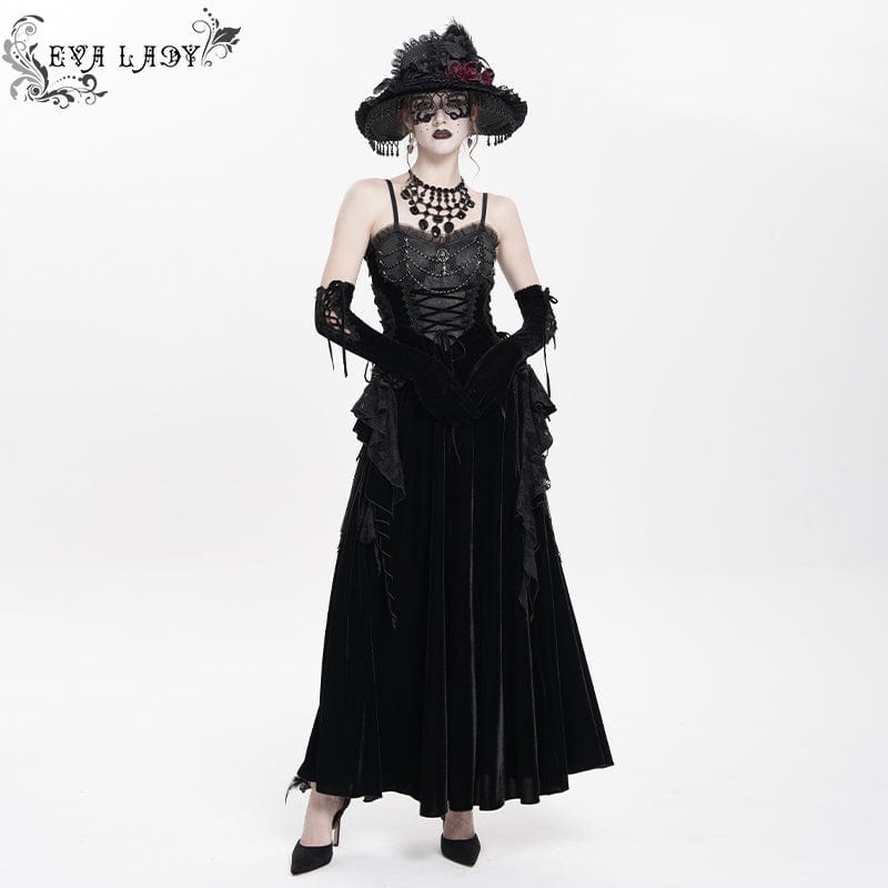 DEVIL FASHION Women's Gothic Lace-up Plumed Velvet Long Slip Dress