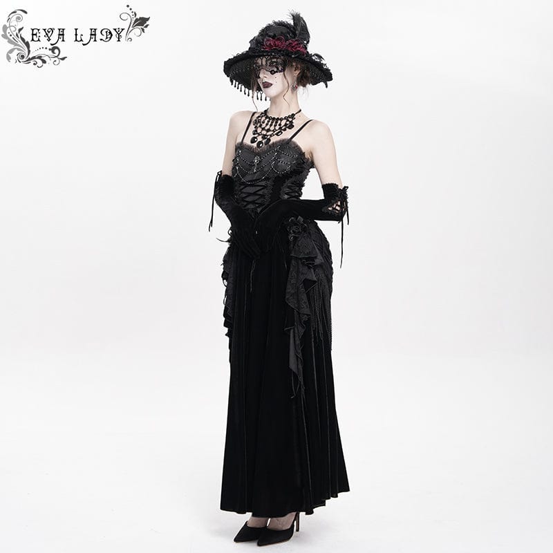DEVIL FASHION Women's Gothic Lace-up Plumed Velvet Long Slip Dress