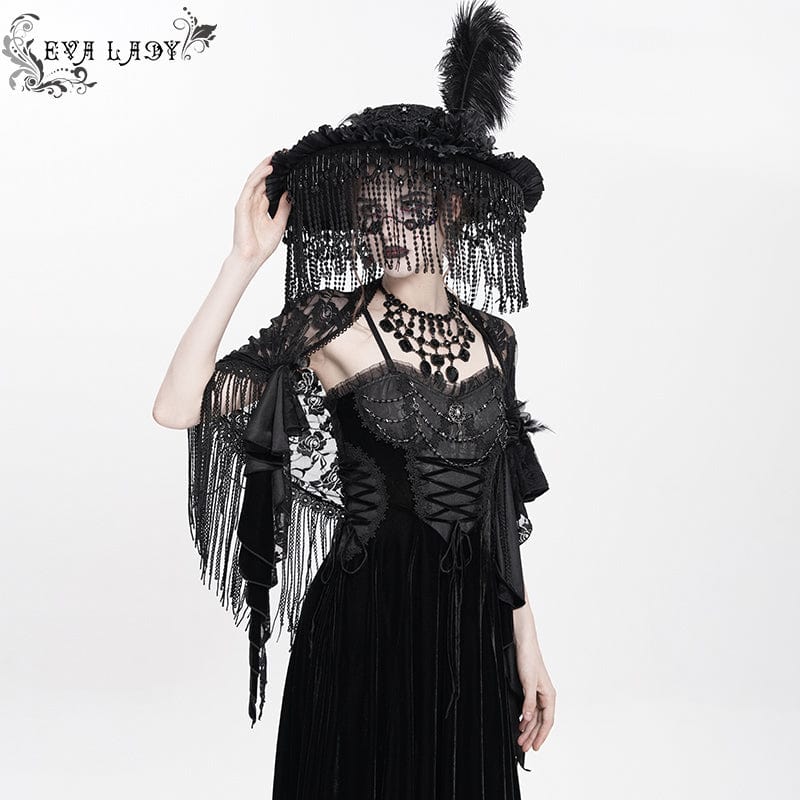 DEVIL FASHION Women's Gothic Lace-up Plumed Velvet Long Slip Dress