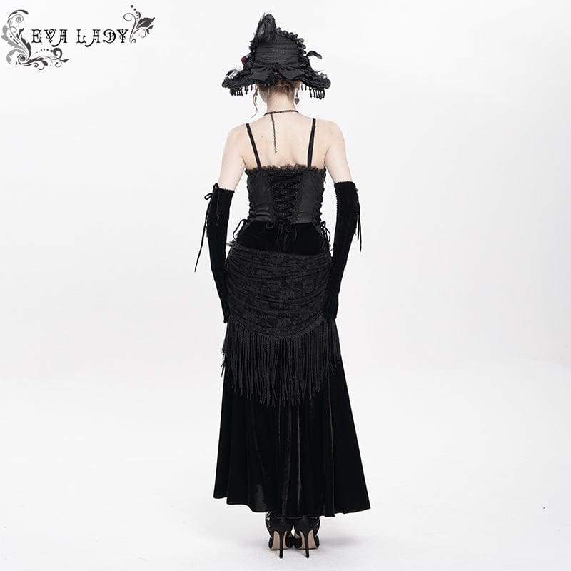 DEVIL FASHION Women's Gothic Lace-up Plumed Velvet Long Slip Dress