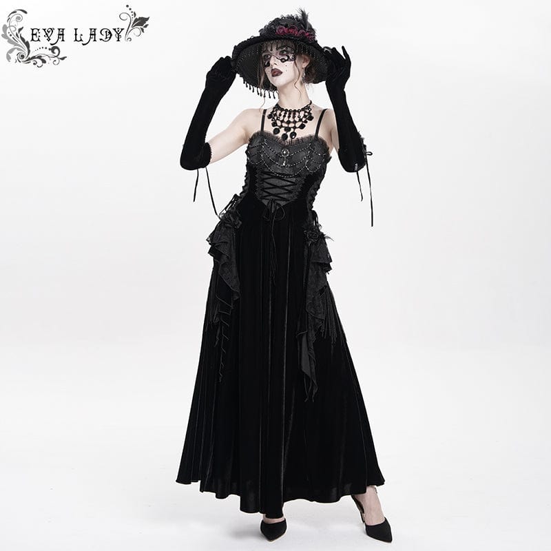 DEVIL FASHION Women's Gothic Lace-up Plumed Velvet Long Slip Dress