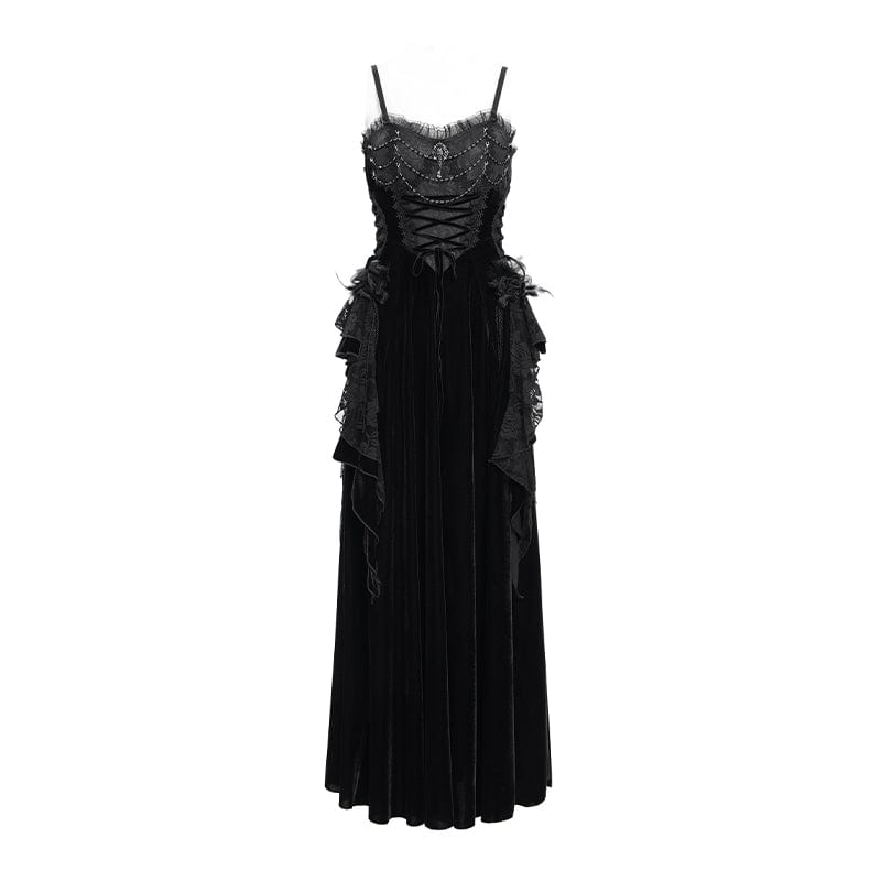 DEVIL FASHION Women's Gothic Lace-up Plumed Velvet Long Slip Dress