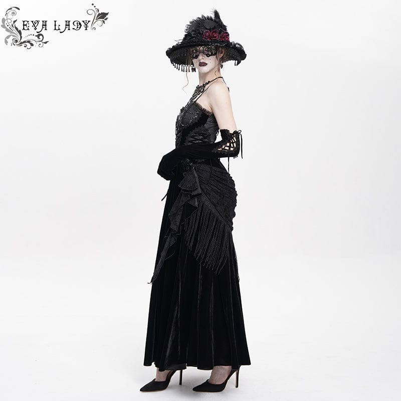 DEVIL FASHION Women's Gothic Lace-up Plumed Velvet Long Slip Dress