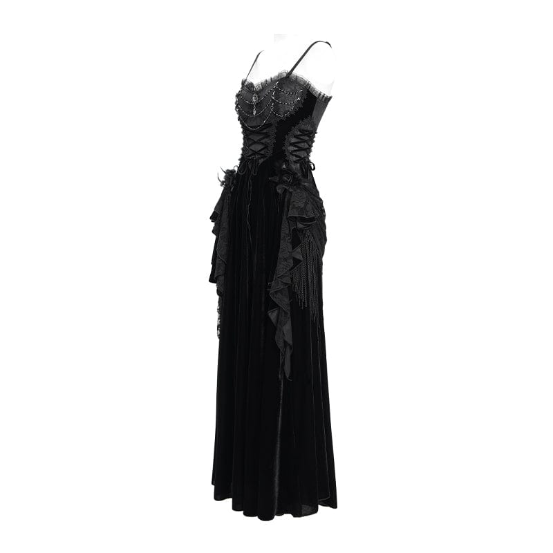 DEVIL FASHION Women's Gothic Lace-up Plumed Velvet Long Slip Dress