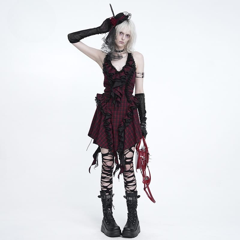DEVIL FASHION Women's Gothic Lace-up Ruffle Halter Plaid Dress
