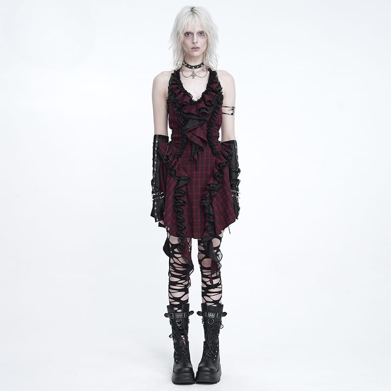 DEVIL FASHION Women's Gothic Lace-up Ruffle Halter Plaid Dress