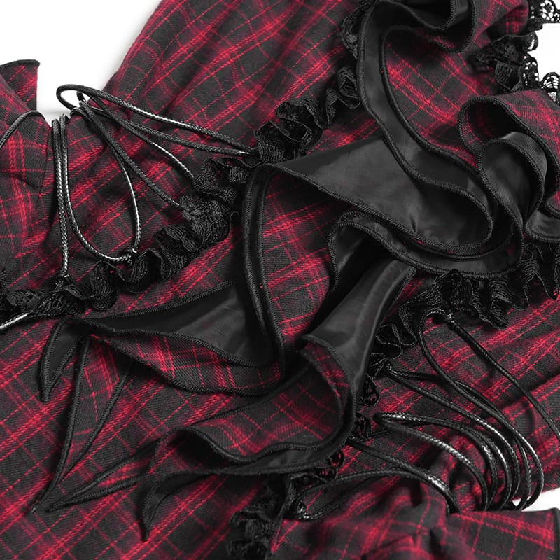 DEVIL FASHION Women's Gothic Lace-up Ruffle Halter Plaid Dress