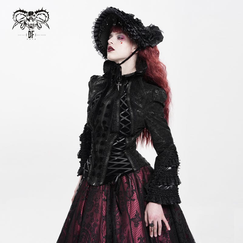 DEVIL FASHION Women's Gothic Lace-up Turn-down Collar Flared Sleeved Jacket