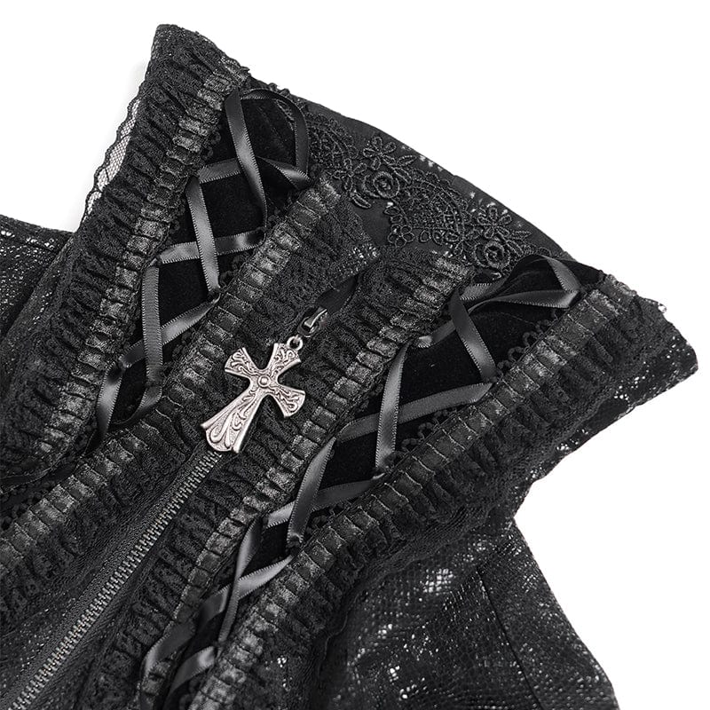 DEVIL FASHION Women's Gothic Lace-up Turn-down Collar Flared Sleeved Jacket