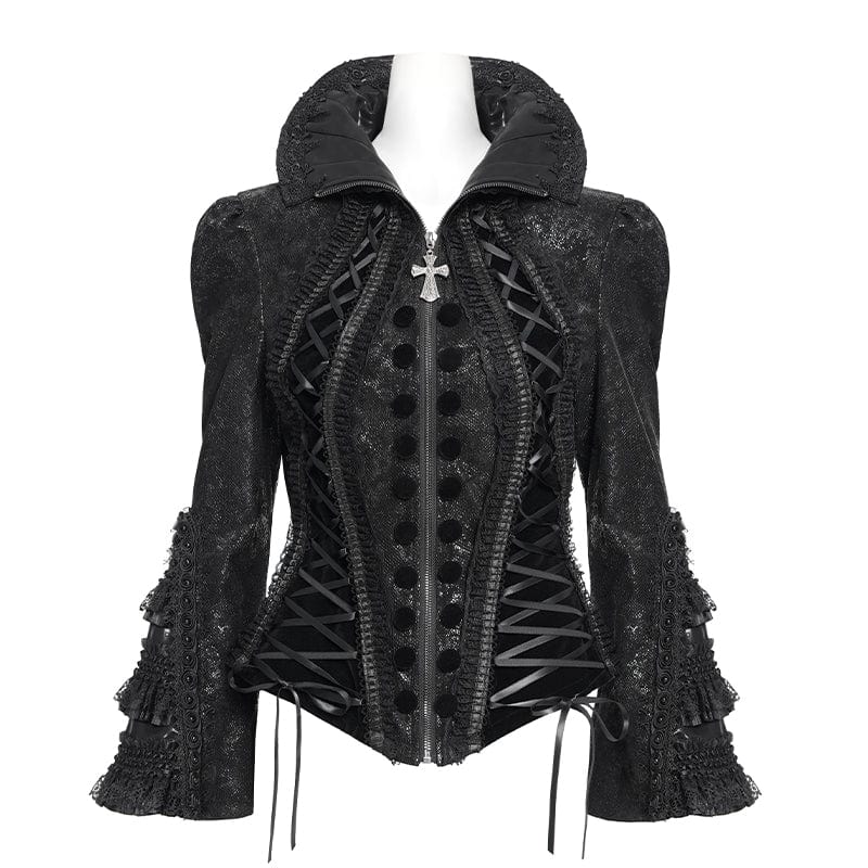 DEVIL FASHION Women's Gothic Lace-up Turn-down Collar Flared Sleeved Jacket