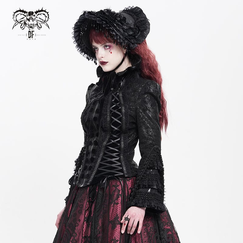 DEVIL FASHION Women's Gothic Lace-up Turn-down Collar Flared Sleeved Jacket