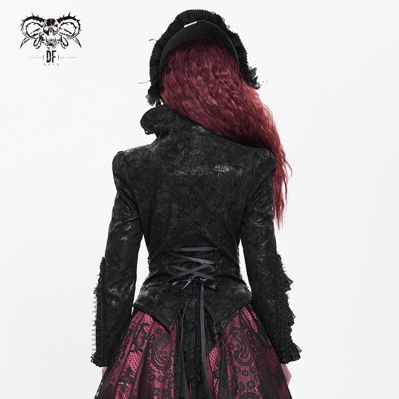 DEVIL FASHION Women's Gothic Lace-up Turn-down Collar Flared Sleeved Jacket