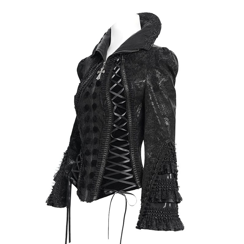 DEVIL FASHION Women's Gothic Lace-up Turn-down Collar Flared Sleeved Jacket