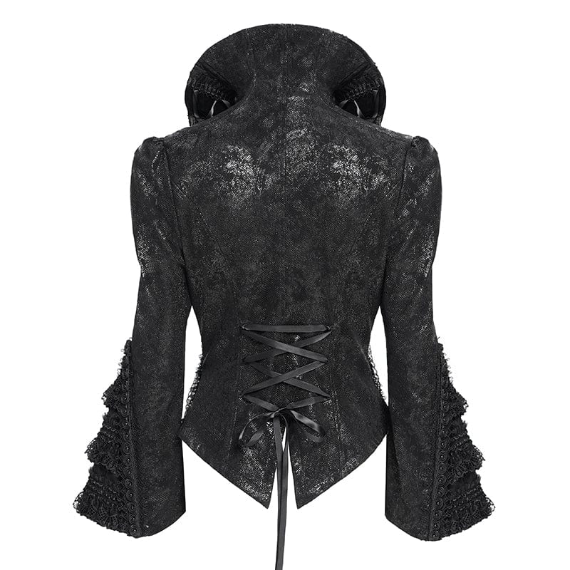 DEVIL FASHION Women's Gothic Lace-up Turn-down Collar Flared Sleeved Jacket