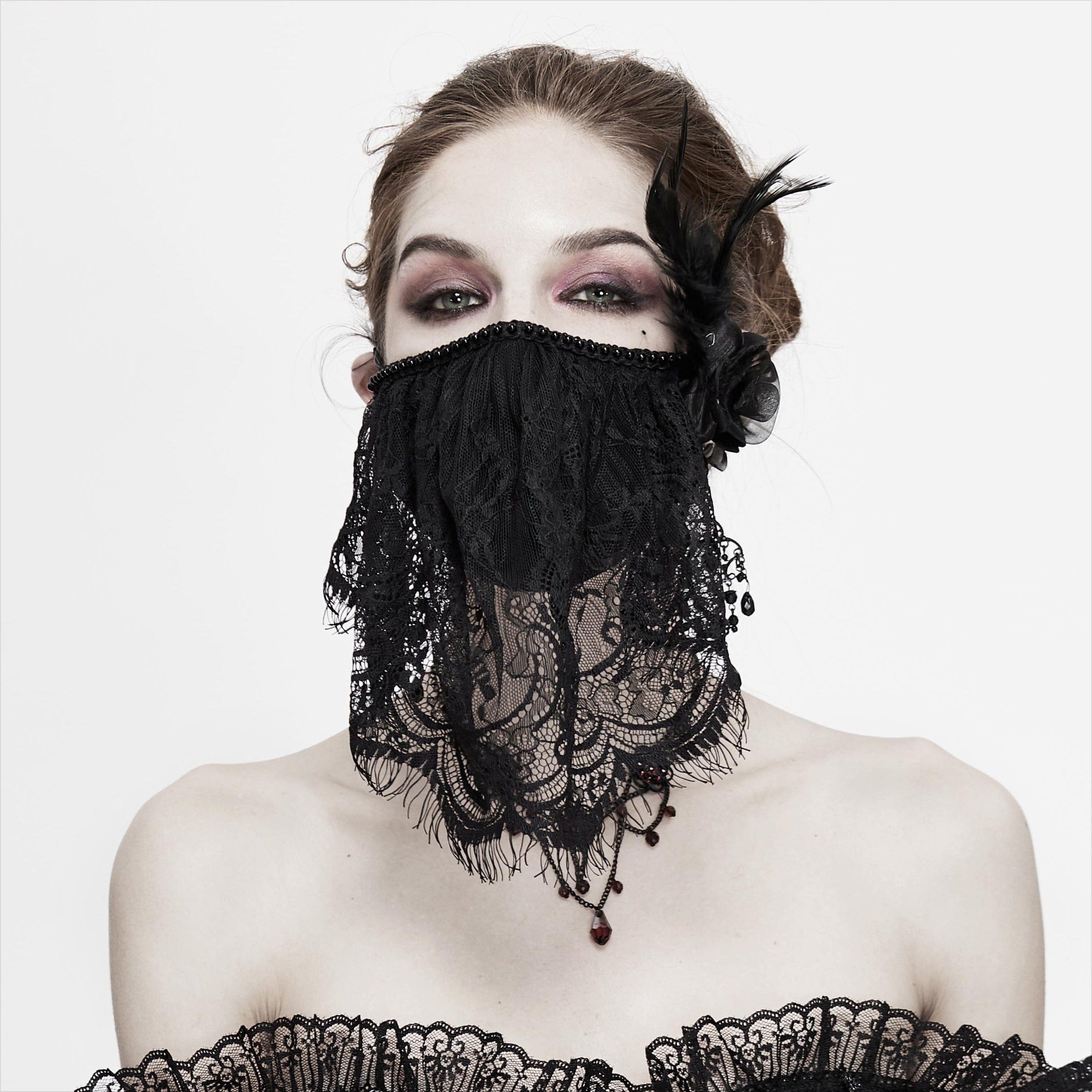 DEVIL FASHION Women's Gothic Lace Veil with Rose & Feather Accessory