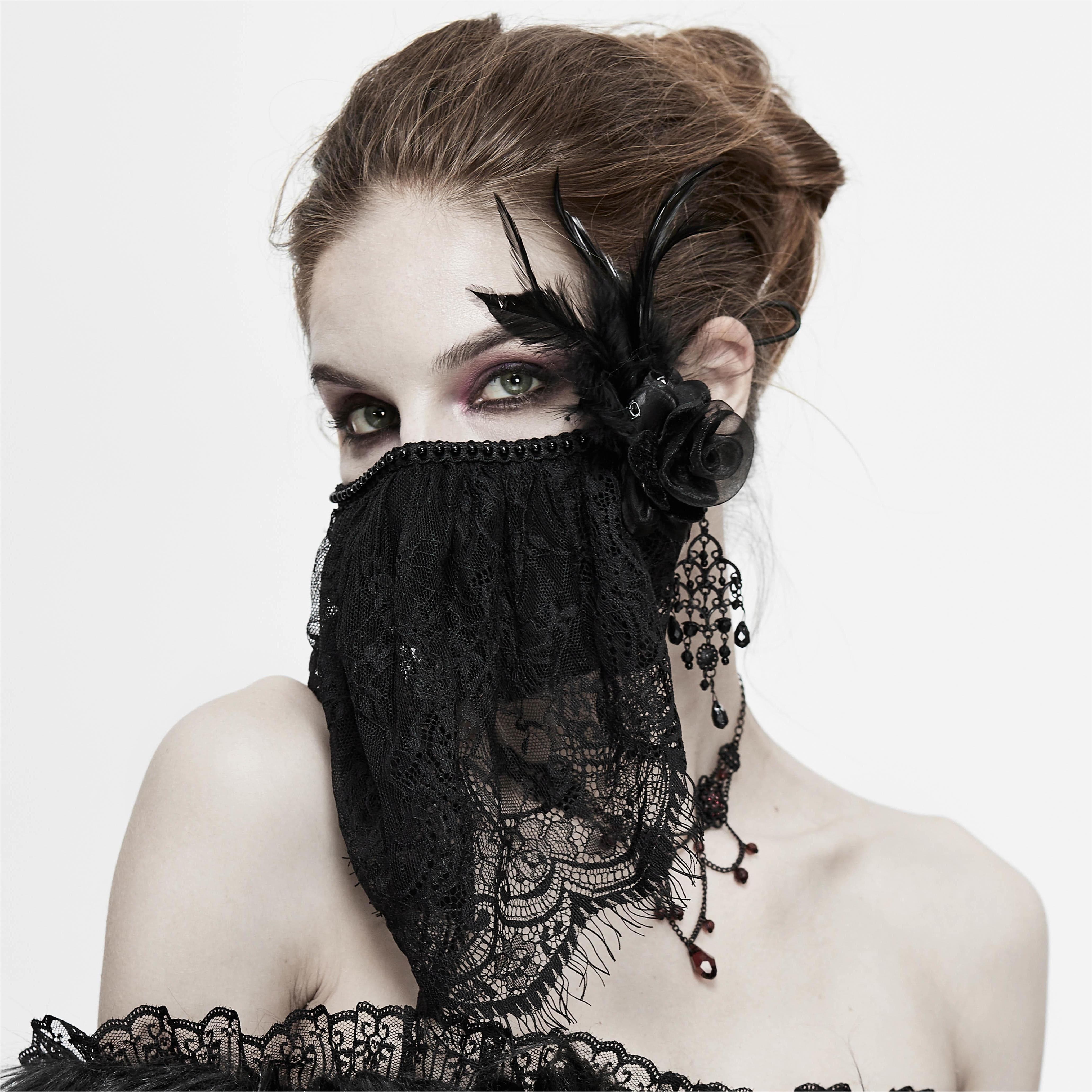 DEVIL FASHION Women's Gothic Lace Veil with Rose & Feather Accessory