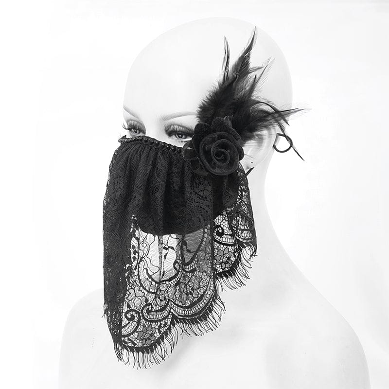 DEVIL FASHION Women's Gothic Lace Veil with Rose & Feather Accessory
