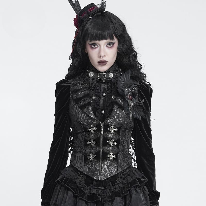 DEVIL FASHION Women's Gothic Lapel Cross Zip Front Swallow Tail Vest