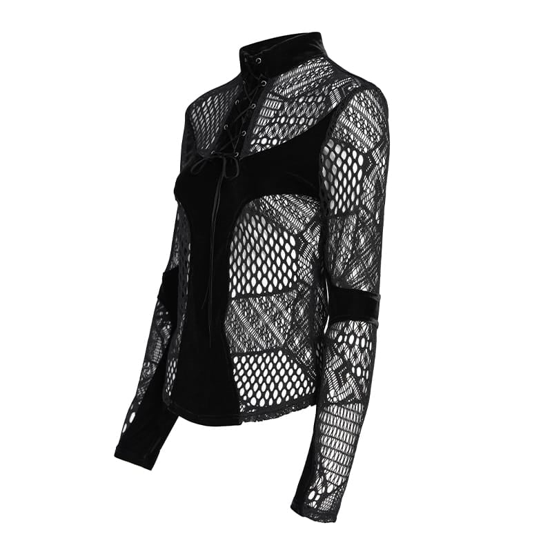 DEVIL FASHION Women's Gothic Mesh Lace-Up Mock Neck Long Sleeve Top