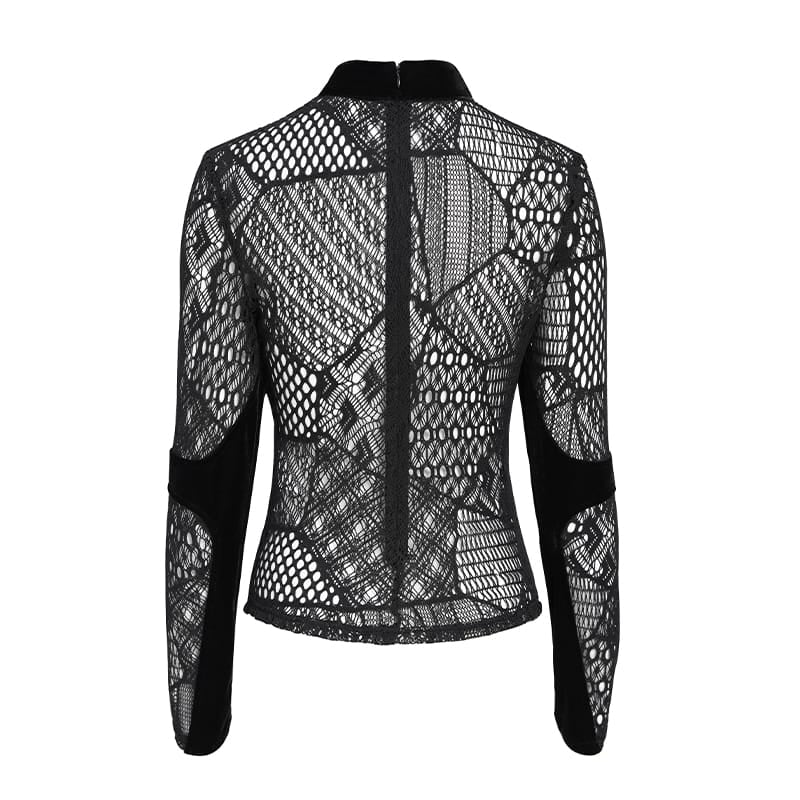 DEVIL FASHION Women's Gothic Mesh Lace-Up Mock Neck Long Sleeve Top
