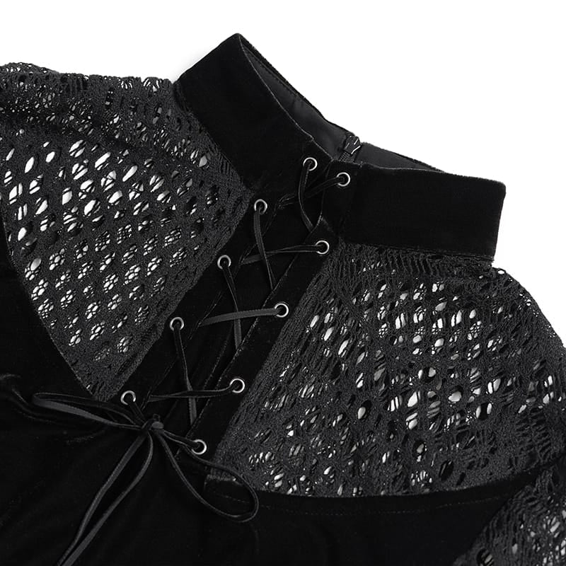 DEVIL FASHION Women's Gothic Mesh Lace-Up Mock Neck Long Sleeve Top