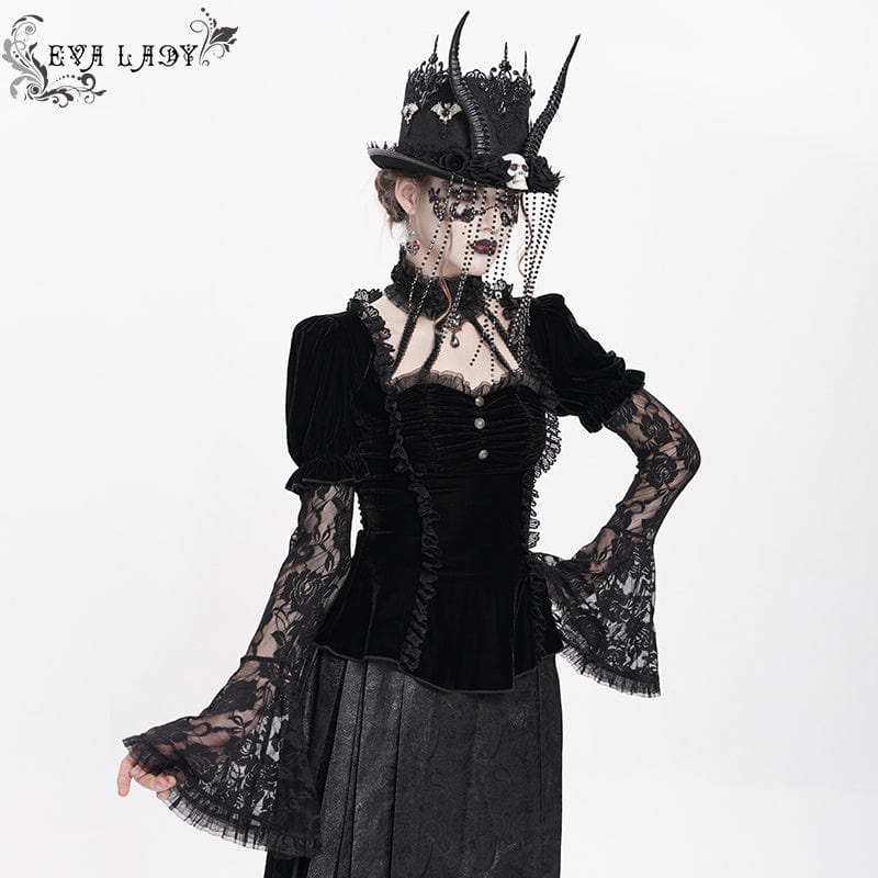 DEVIL FASHION Women's Gothic Mesh Puff Long Sleeved Velvet Shirt Black