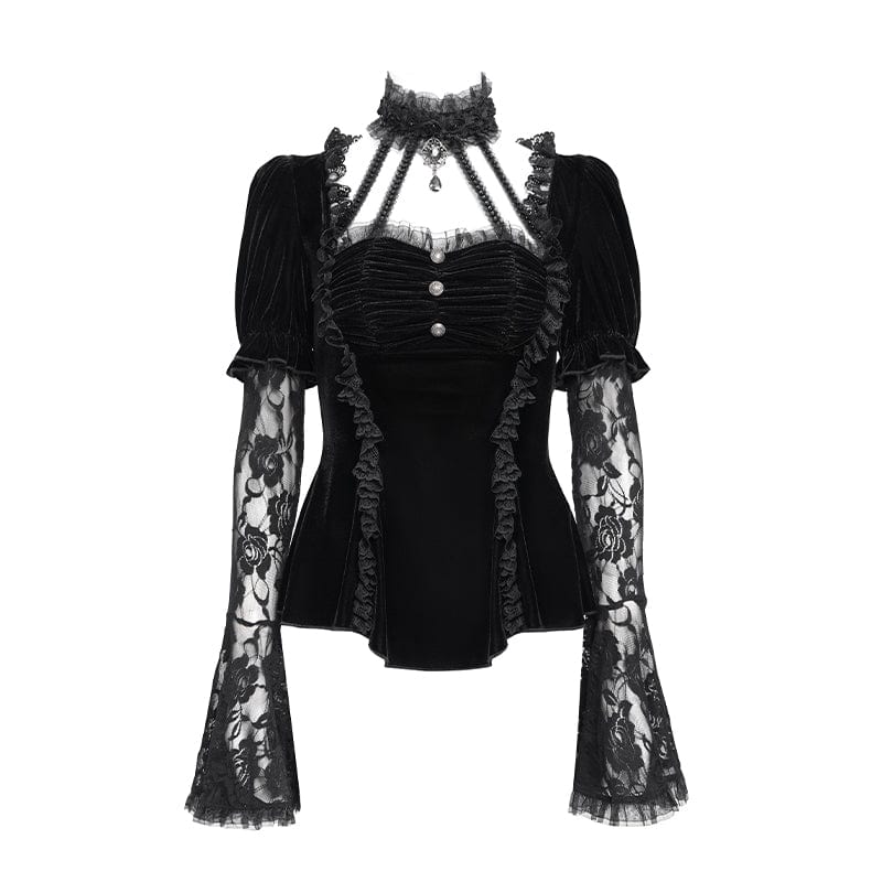 DEVIL FASHION Women's Gothic Mesh Puff Long Sleeved Velvet Shirt Black
