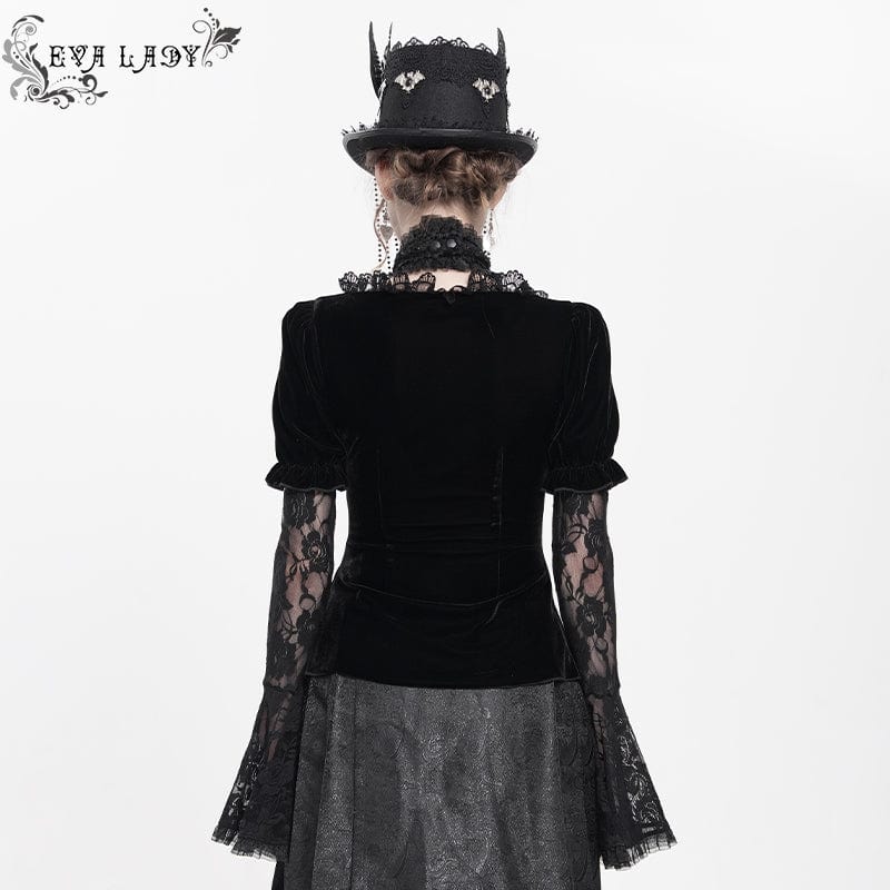DEVIL FASHION Women's Gothic Mesh Puff Long Sleeved Velvet Shirt Black
