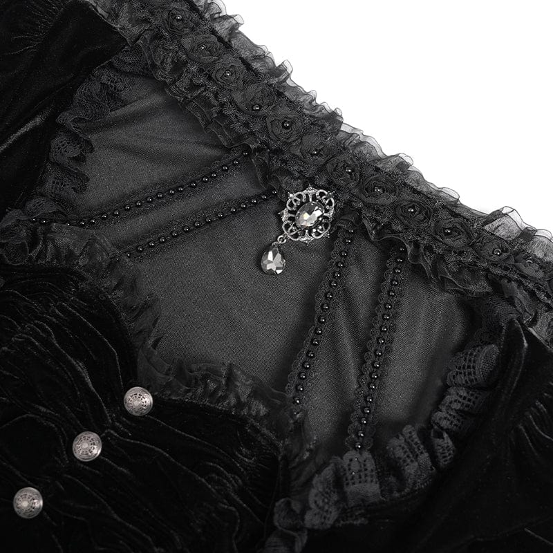 DEVIL FASHION Women's Gothic Mesh Puff Long Sleeved Velvet Shirt Black