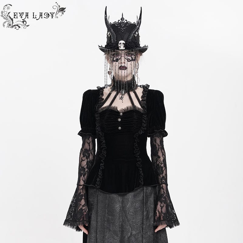 DEVIL FASHION Women's Gothic Mesh Puff Long Sleeved Velvet Shirt Black