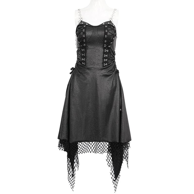 DEVIL FASHION Women's Gothic Mesh Stud Faux Leather Hem Dress
