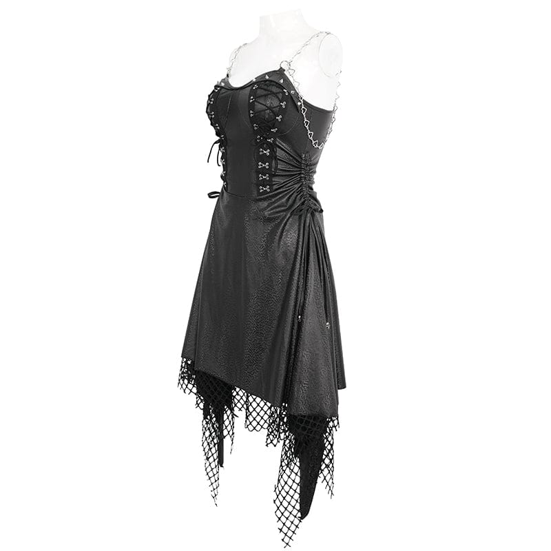 DEVIL FASHION Women's Gothic Mesh Stud Faux Leather Hem Dress