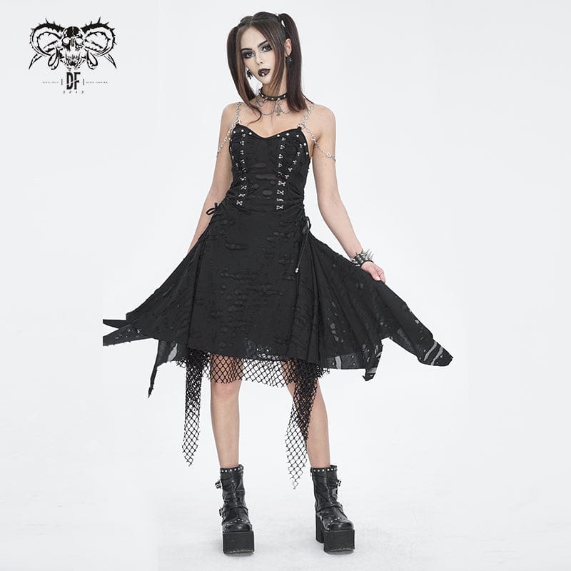 DEVIL FASHION Women's Gothic Mesh Stud Ripped Hem Slip Dress