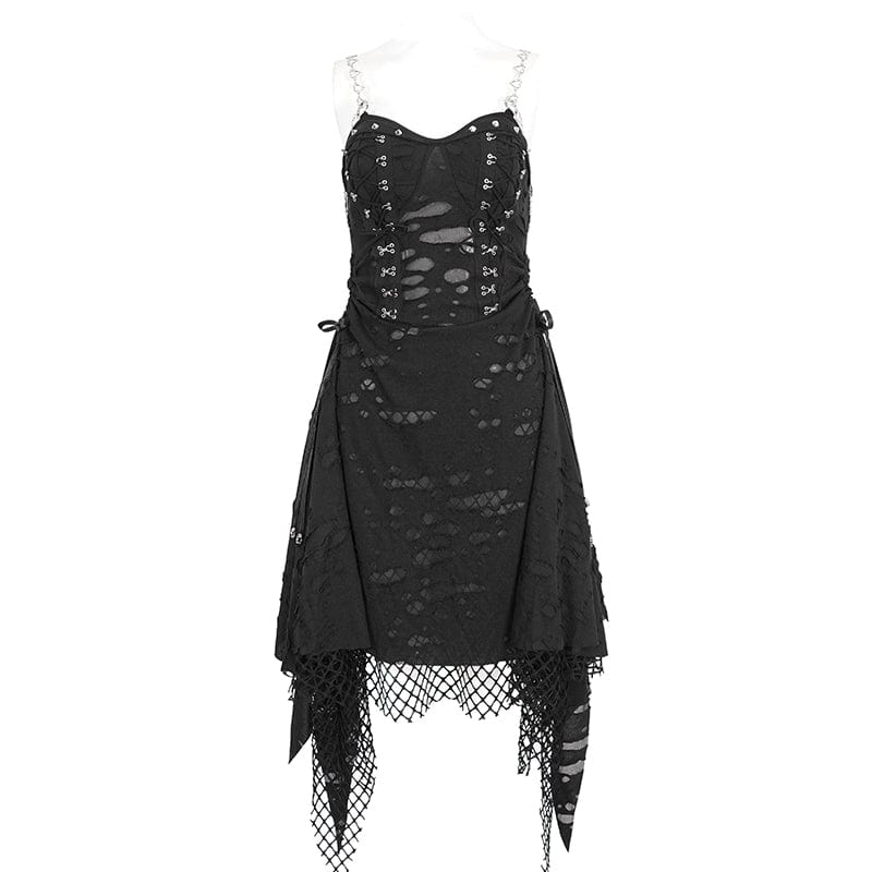 DEVIL FASHION Women's Gothic Mesh Stud Ripped Hem Slip Dress