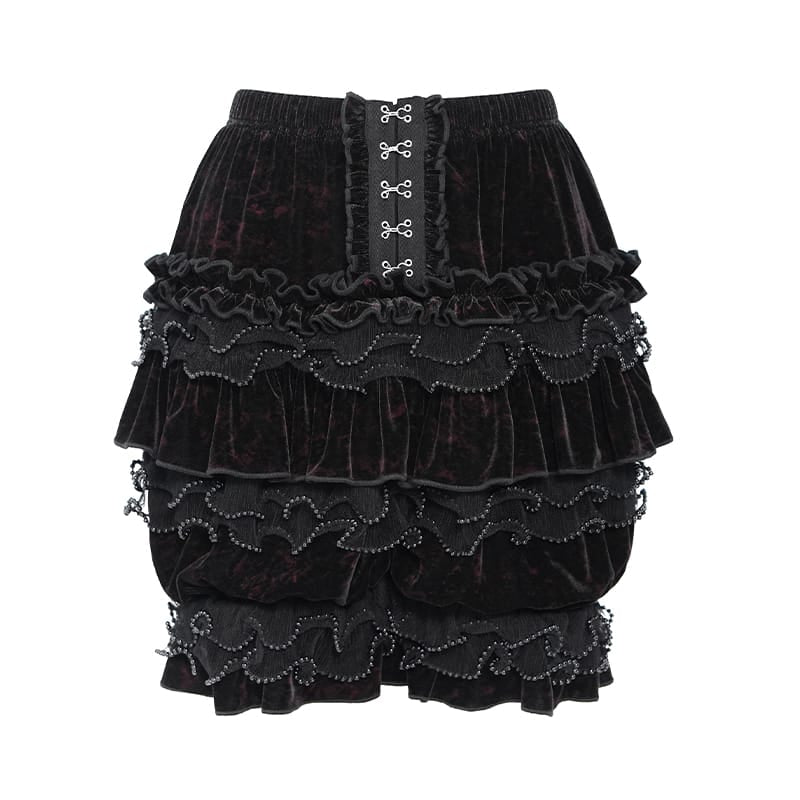 DEVIL FASHION Women's Gothic Multi-Layer Beaded Ruffle Velvet Shorts Black-Red