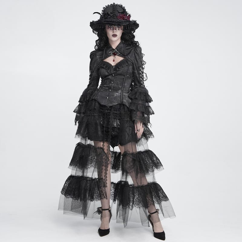 DEVIL FASHION Women's Gothic Multilayer Floral Lace Mesh Maxi Skirt