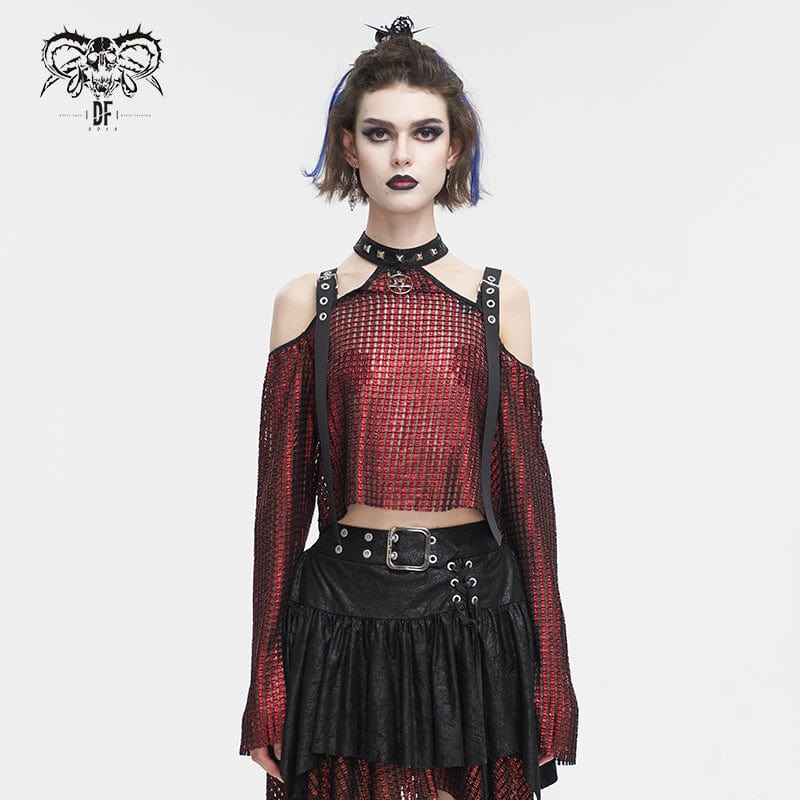 DEVIL FASHION Women's Gothic Off Shoulder Buckle Sheer Crop Top Red