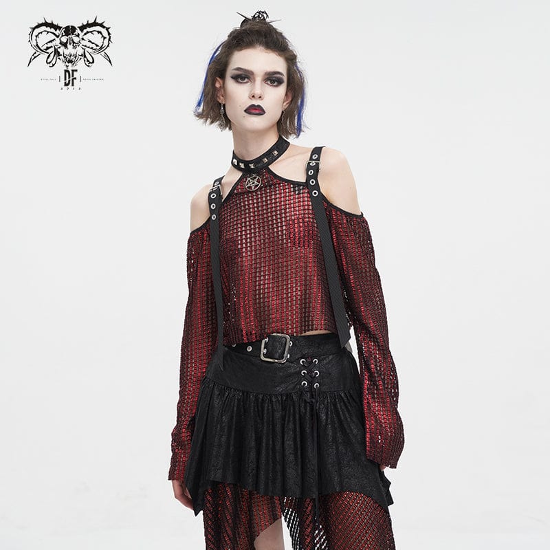 DEVIL FASHION Women's Gothic Off Shoulder Buckle Sheer Crop Top Red