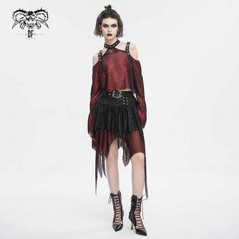 DEVIL FASHION Women's Gothic Off Shoulder Buckle Sheer Crop Top Red