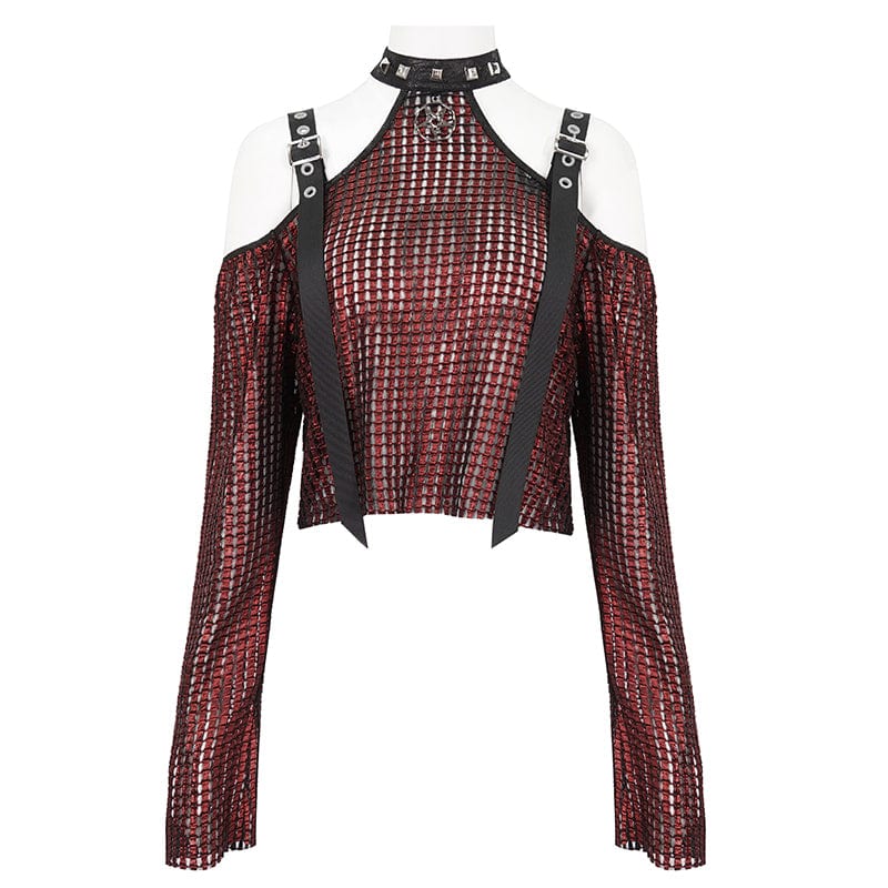 DEVIL FASHION Women's Gothic Off Shoulder Buckle Sheer Crop Top Red