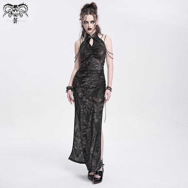 DEVIL FASHION Women's Gothic Off-the-shoulder Cutout Side Slit Gown Dress