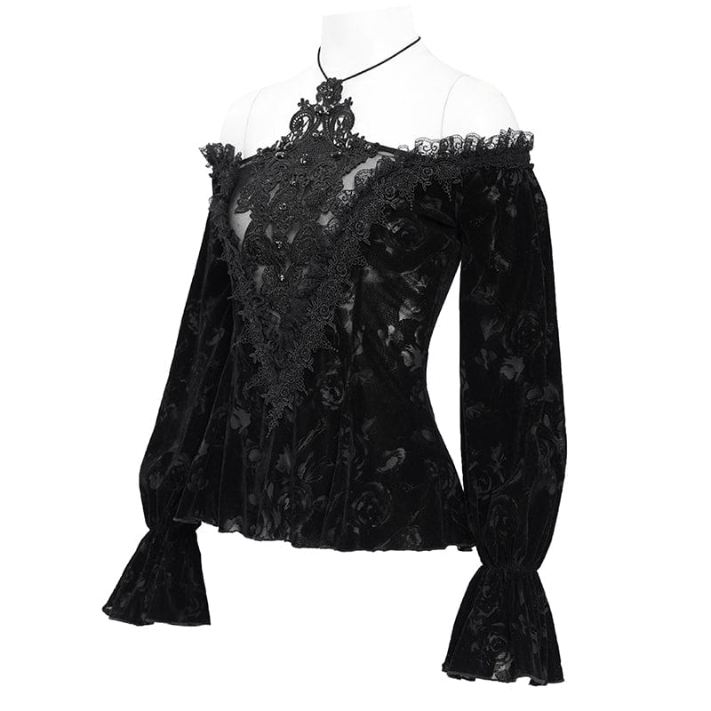 DEVIL FASHION Women's Gothic Off-the-shoulder Flocking Velvet Shirt