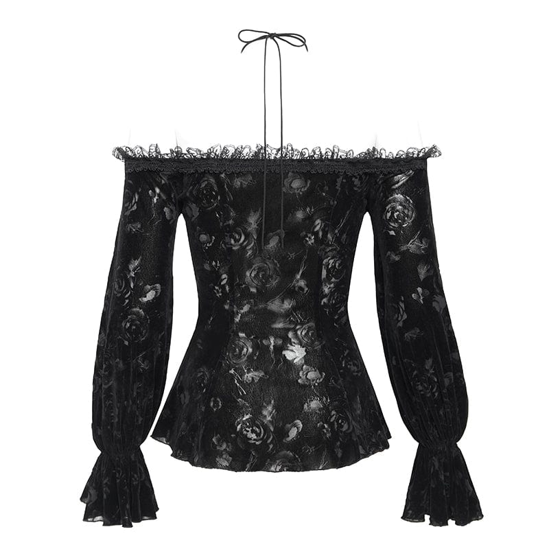 DEVIL FASHION Women's Gothic Off-the-shoulder Flocking Velvet Shirt