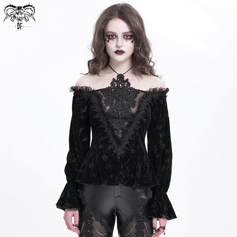 DEVIL FASHION Women's Gothic Off-the-shoulder Flocking Velvet Shirt