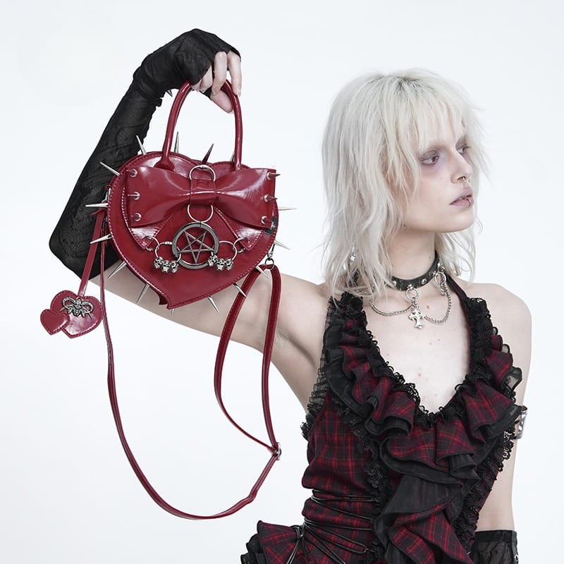 DEVIL FASHION Women's Gothic Pentacle Spiked Heart-Shaped Handbag Red