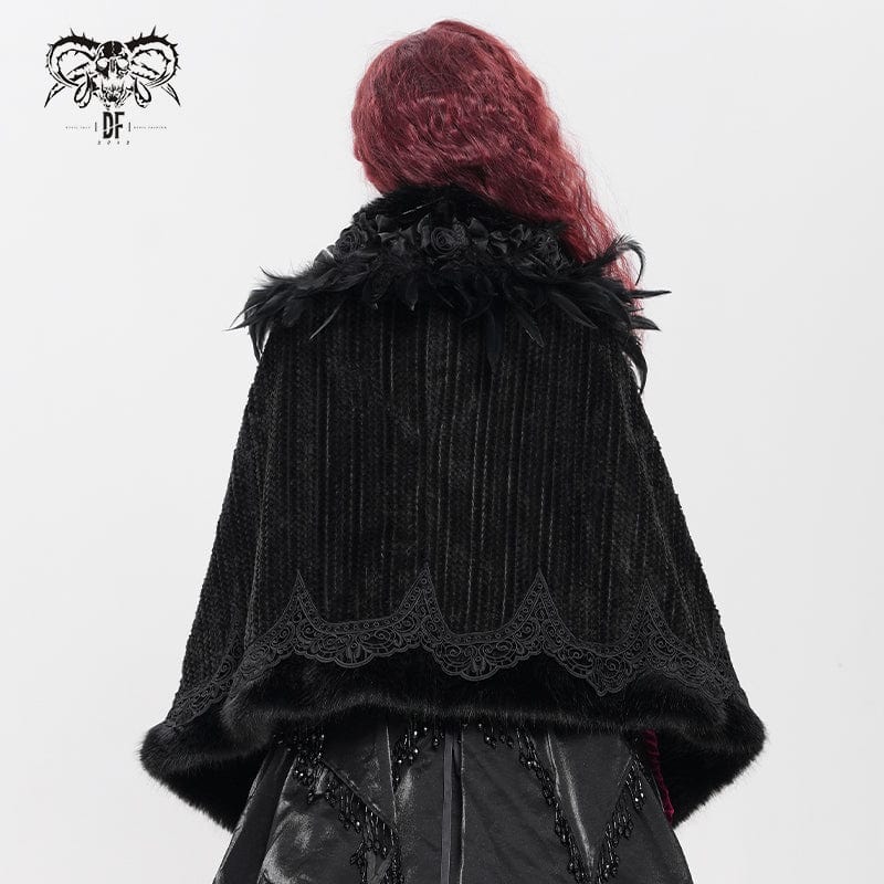 DEVIL FASHION Women's Gothic Plumed Floral Embroidered Cape