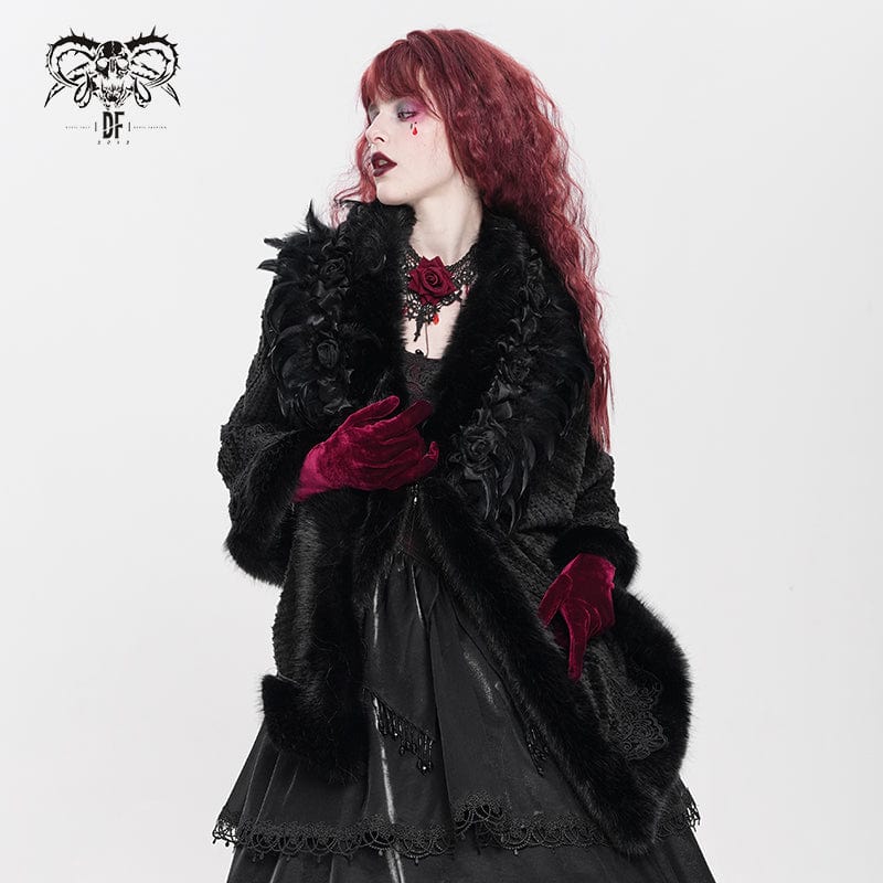 DEVIL FASHION Women's Gothic Plumed Floral Embroidered Cape