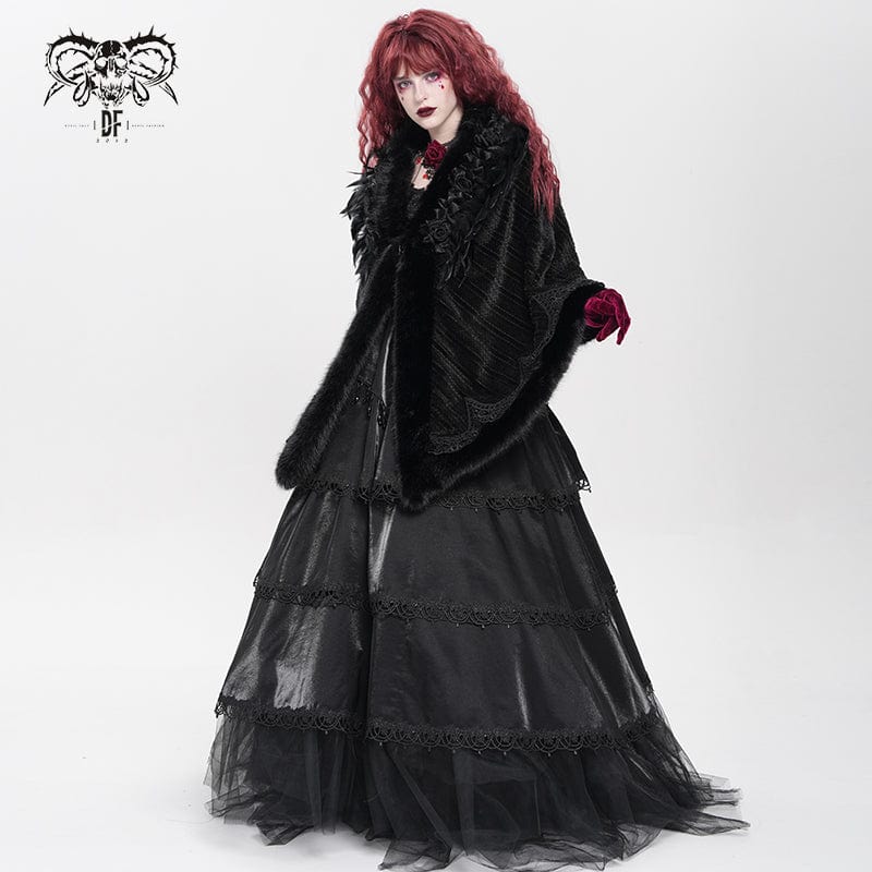 DEVIL FASHION Women's Gothic Plumed Floral Embroidered Cape